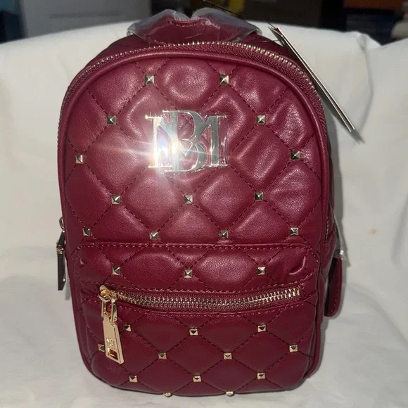 Badgley Mischka Burgundy Quilted Mini Backpack with Gold Accents - Picture 1 of 12